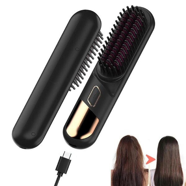 Nevenka Cordless Hair Straightener Brush Negative Ion with 4 Temp Settings-Black