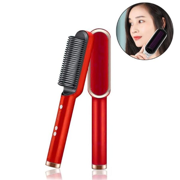 Nevenka Hair Straightener Brush with 5 Temp Negative Ion 30s Fast Heating-Red