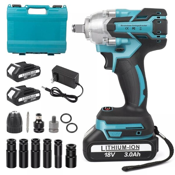 Electric Wrench kit With 2x 3.0Ah Battery Cordless Brushless Impact Rattle Gun