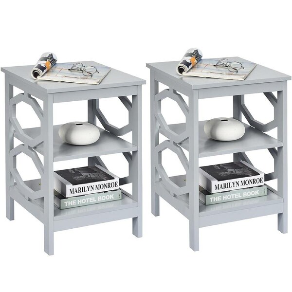 Costway 2x O-Shaped Side Table 3-Tier Nightstand Bedside Table End Table Storange Shelf Grey