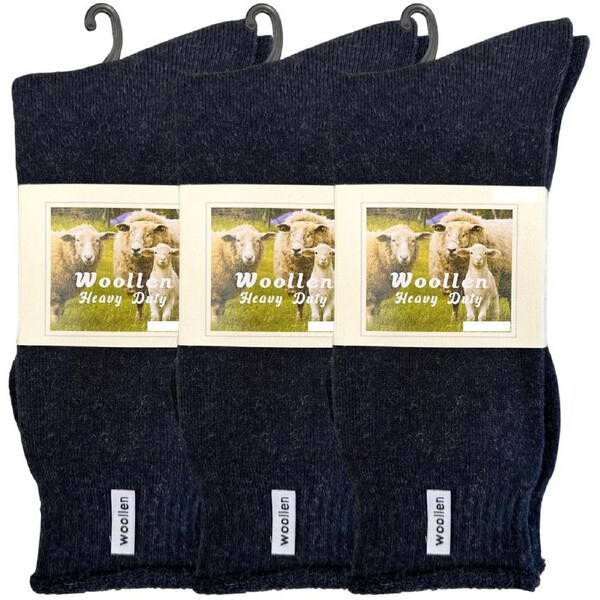 3 Pairs Premium Mens Wool Heavy Duty Thick Work Socks Cushion Woolen - Navy 7-11