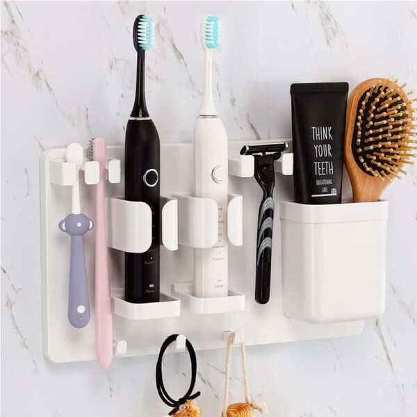 YOHOM No-Drill Bathroom Storage - Electric Toothbrush Holder with Hooks & Drainage, 29.2x17.1cm