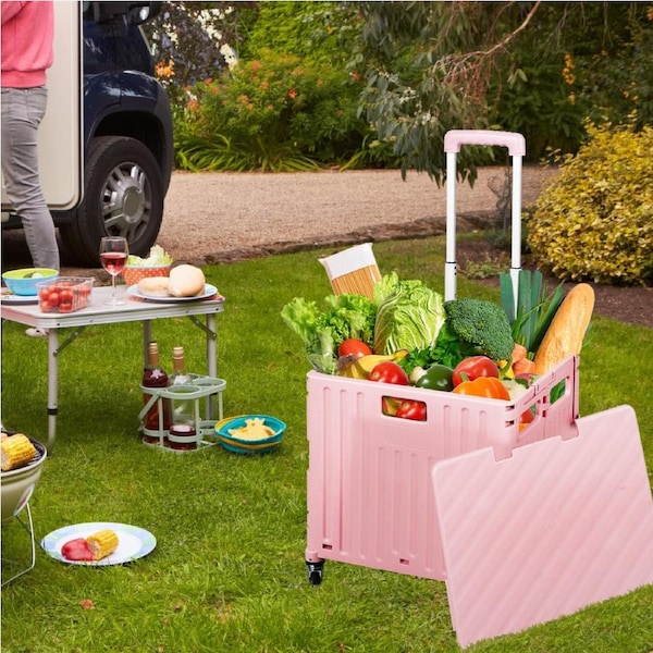 Folding Shopping Trolley Cart Portable Rolling Grocery Basket Wheel Pink