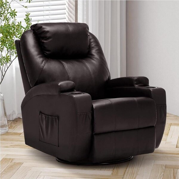 Advwin Recliner Chair Electric Heated 8 Point Massage Chair Roated Lounge Sofa Armchair Leather Brown