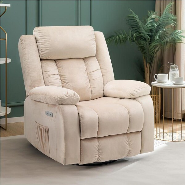 Advwin Recliner Chair Electric Heat Massage Chair Velvet Rotatable Lounge Armchair Velvet Beige