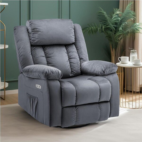 Advwin Recliner Chair Velvet Electric Heat Massage Chair Lounge Armchair Rotatable Velvet Grey