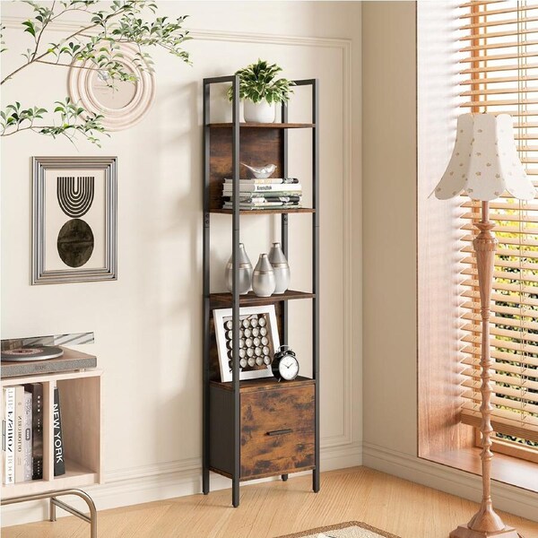 Advwin 5-Tier Bookshelf Display Storage Shelf w/ Drawer Ladder Bookcase Stand Rack Walnut