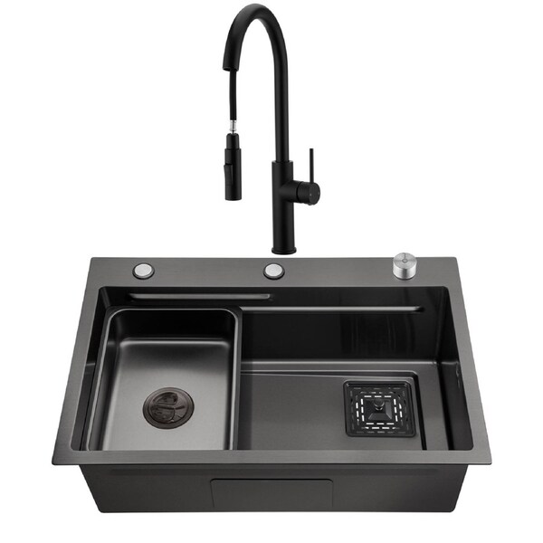 ACA Kitchen Sink 68X46CM Stainless Steel Single Bowl Basin With Pull Out Tap Black Set