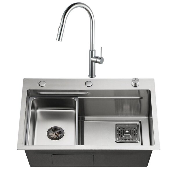 ACA Kitchen Sink 68X46CM Stainless Steel Single Bowl Basin With Pull Out Tap Satin Brush Set