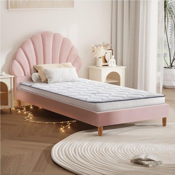 Oikiture Bed Frame Single Size Scallop-Shape Bedhead Pink Velvet with Mattress