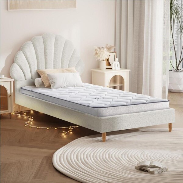 Oikiture Bed Frame Single Size Scallop-Shape Bedhead White Boucle with Mattress