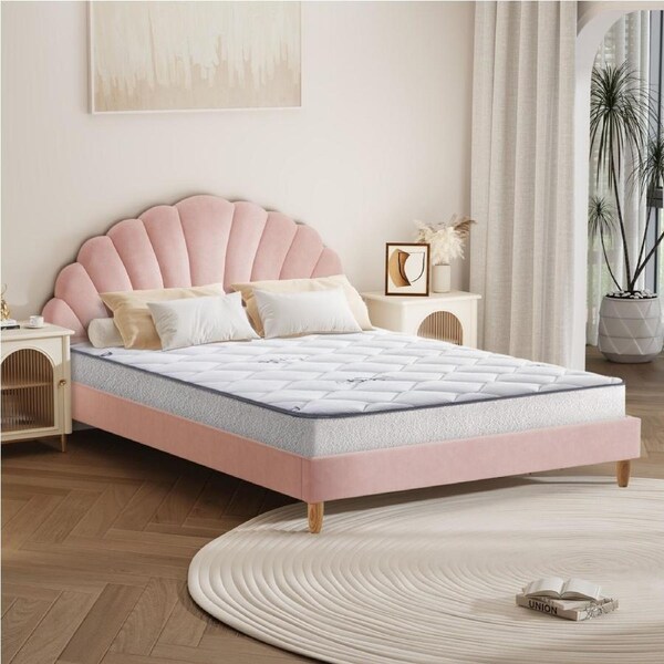 Oikiture Bed Frame Double Size Scallop-Shape Bedhead Pink Velvet with Mattress