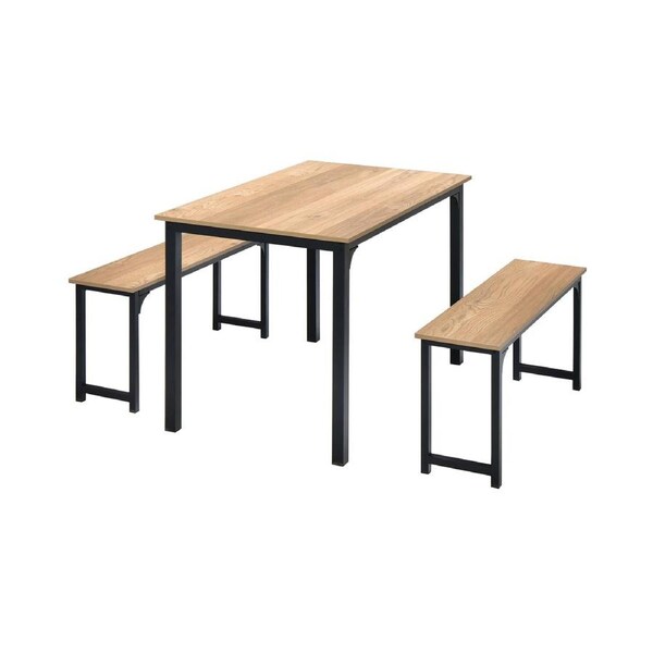 Costway 3PCS Wood Dining Table & Chairs Set Dining Furniture Set Steel Frame w/2 Benches Natural