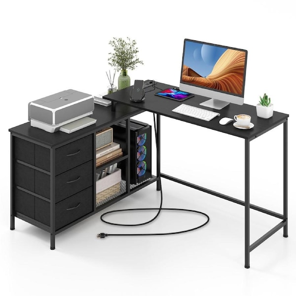Costway 205cm L-shaped Computer Desk Corner Desk w/3 Fabric Drawers Storage Shelves Home Office Study Desk Black