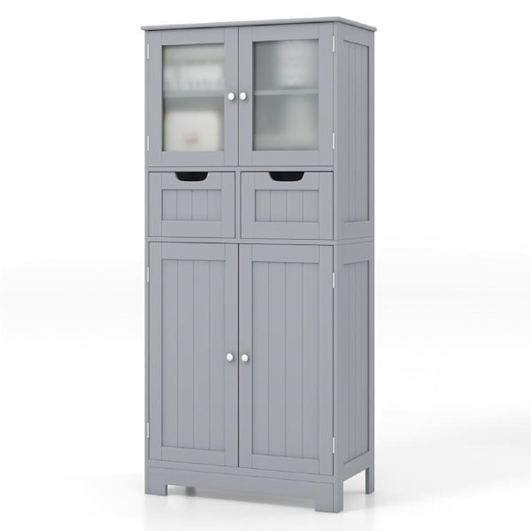Costway Floor Storage Cabinet Tall Bathroom Cabinet w/4 Doors & 2 Drawers Storage Organizer Cupboard Grey