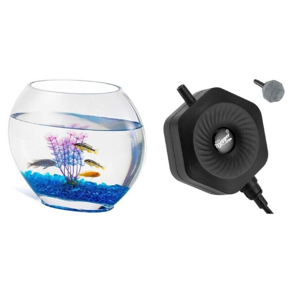 Hygger Mini Glass Oblate Fish Bowl and Hexagon Mini Air Pump - KBHG97175-Black/C