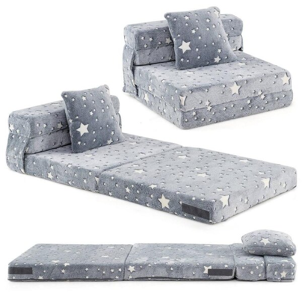 Babyjoy Kids Folding Sofa Bed Glow in the Dark Floor Mattress w/Pillow Trifold Couch Nap Mat Futon Grey