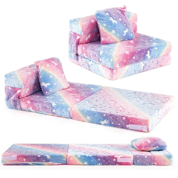 Babyjoy Kids Folding Sofa Bed Glow in the Dark Floor Mattress w/Pillow Trifold Couch Nap Mat Futon