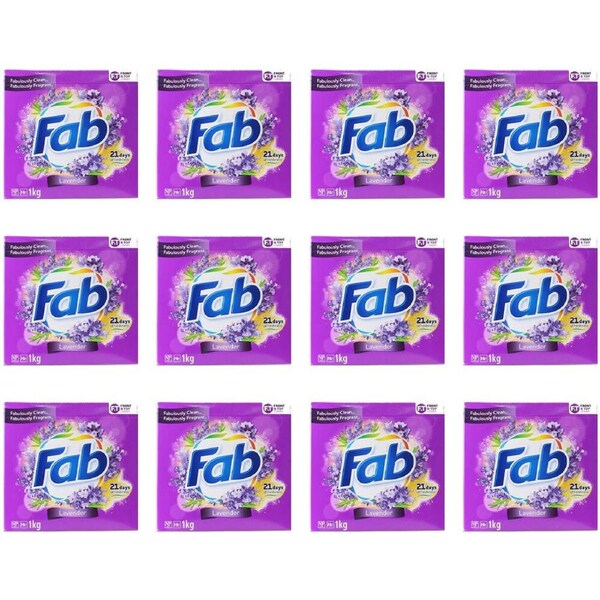 12PK Fab 1kg Laundry Powder Lavender Front & Top Loader Stain Remover Fresh