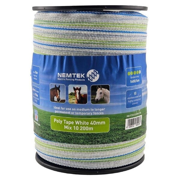 Nemtek 200m 40mm MIX Electric Fence Poly Tape - White - AW-PTMX40MM-200