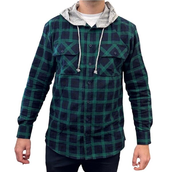Mens Cotton Flannelette Shirt w Jersey Hood Long Sleeve Flannel - Green M