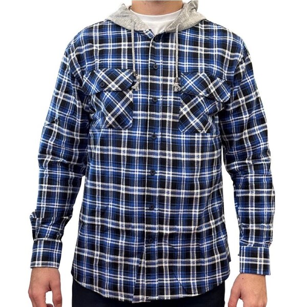 Mens Cotton Flannelette Shirt w Jersey Hood Long Sleeve Flannel - Denim L