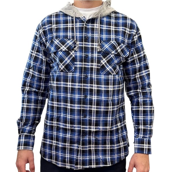 Mens Cotton Flannelette Shirt w Jersey Hood Long Sleeve Flannel - Denim XL