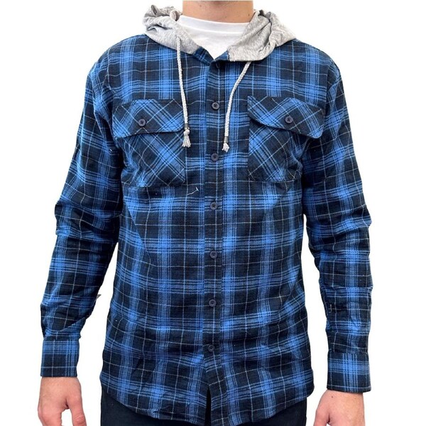 Mens Cotton Flannelette Shirt w Jersey Hood Long Sleeve Flannel - Blue M