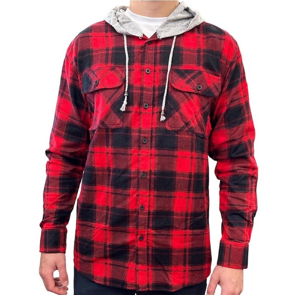 Mens Cotton Flannelette Shirt w Jersey Hood Long Sleeve Flannel - Red L