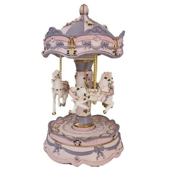 Russell Collection - Carousel 3 Horse Musical Merry Go Round - Pink Purple 19cm
