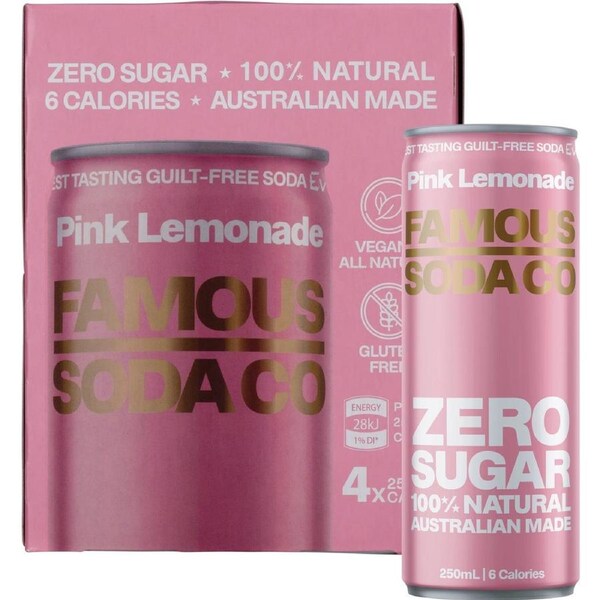 Famous Zero Sugar Soda Pink Lemonade 250ml (Pack of 4)
