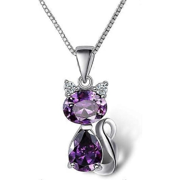 Cat Necklace, 18' Silver Box Chain Women's Amethyst Cat Pendant Jewelry, Purple