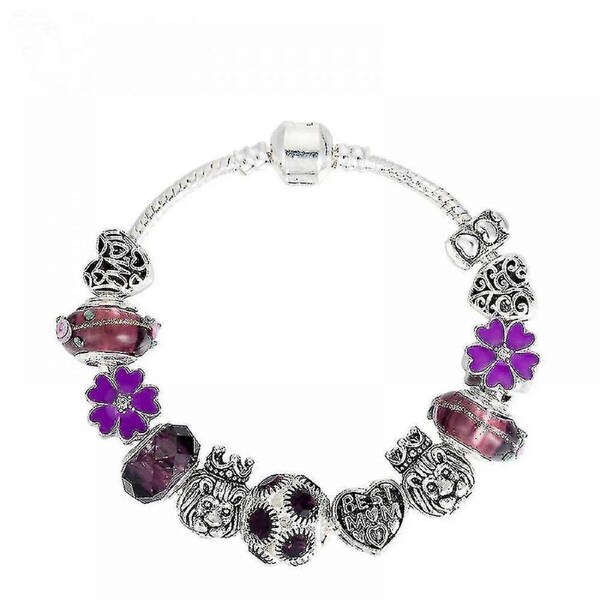 Women's Charm Bracelet, Purple Flower Pendant Crystal Beaded Snake Bone Chain,best Gift