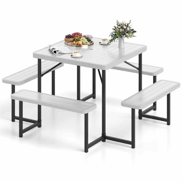 Costway Picnic Table Bench Set for 4-8 People w/All-Weather HDPE Tabletop & Umbrella Hole Outdoor Dining Set White