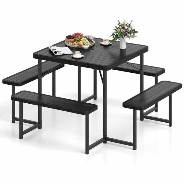 Costway Picnic Table Bench Set for 4-8 People w/All-Weather HDPE Tabletop & Umbrella Hole Outdoor Dining Set Black