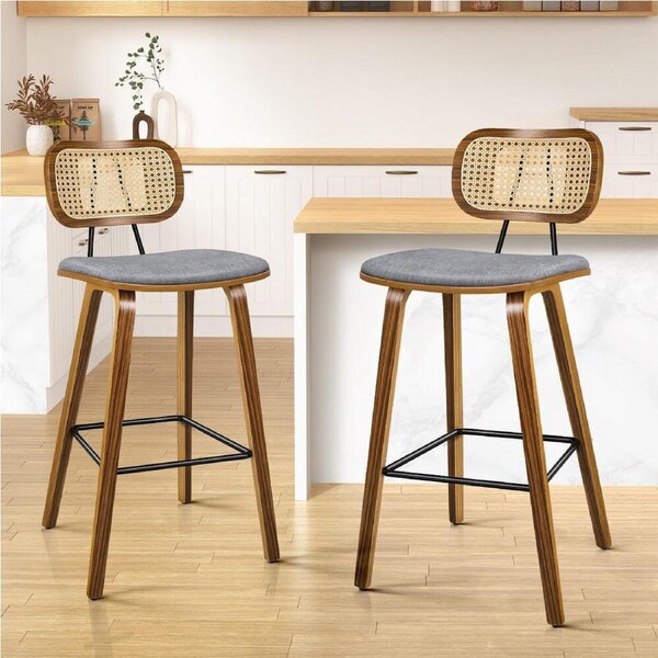 ALFORDSON Set of 2 Bar Stools Rattan Backrest Fabric Grey