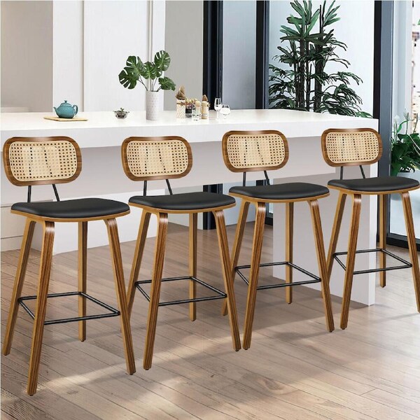 4x ALFORDSON Bar Stools Rattan Backrest Wooden Black