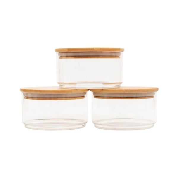 Round Stackable Bamboo Glass Jar Large Pack x 3