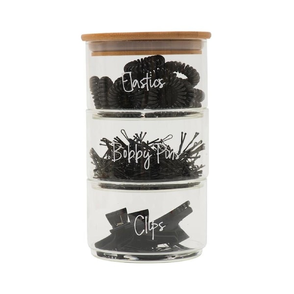 Round Stackable Bamboo Glass Jar Small Pack x 3