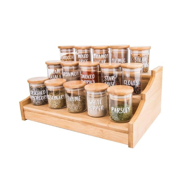 Large Bamboo Spice Rack with 15 x 75ml Herb & Spice Jars Pack