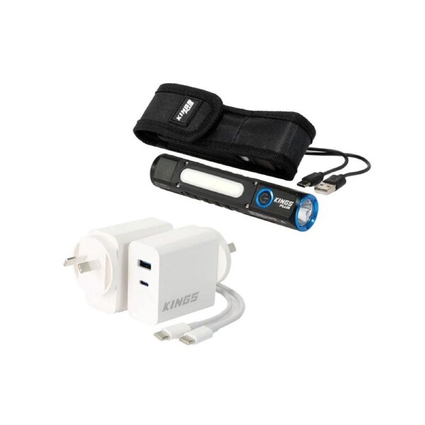 Kings Plus Lithium Rechargeable Torch + 65W USB Charger USB C and USB A Output