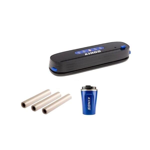 Rechargeable Lithium Vacuum Sealer + Vacuum Sealer Rolls 3-Pack + Blue Coffee Cup