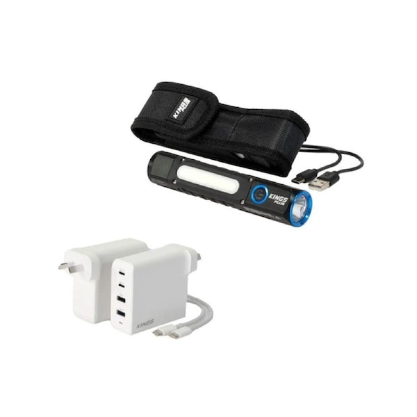Kings Plus Lithium Rechargeable Torch + 100W USB Charger USB C and USB A