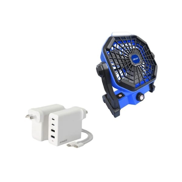 Kings 2in1 Lithium Rechargeable LED Light/Fan + 100W USB Charger USB C and USB A