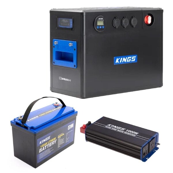 Kings BatBlock40 - 12V Plug and Play Battery Box with DCDC Charger+ 12V 120Ah Deep Cycle Lithium LiFePO4 Battery + 1000W Pure Sine Wave Inverter