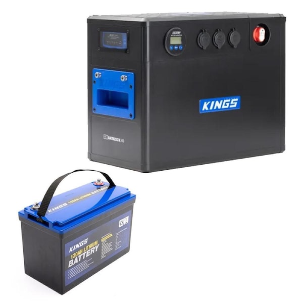 Kings BatBlock40 - 12V Plug and Play Battery Box with DCDC Charger + 12V 120Ah Deep Cycle Lithium LiFePO4 Battery