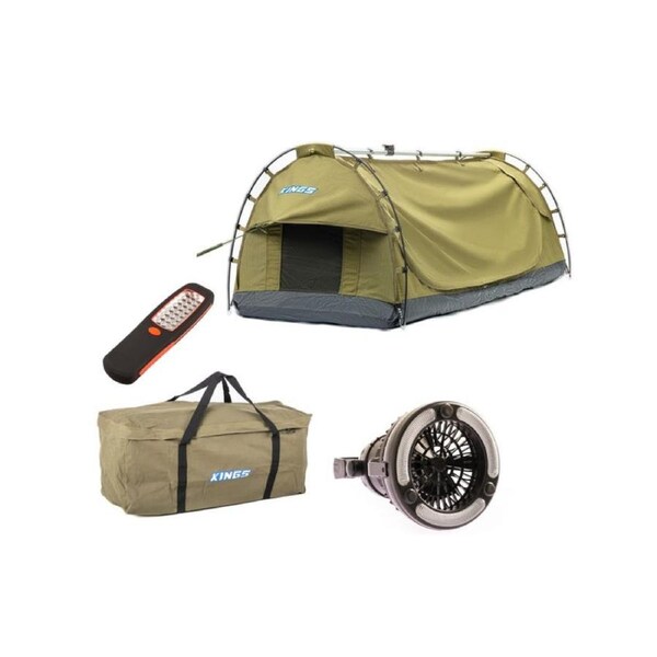Kings Deluxe Escape Single Swag + Single Swag Canvas Bag + 2in1 LED Light & Fan + LED Work Light