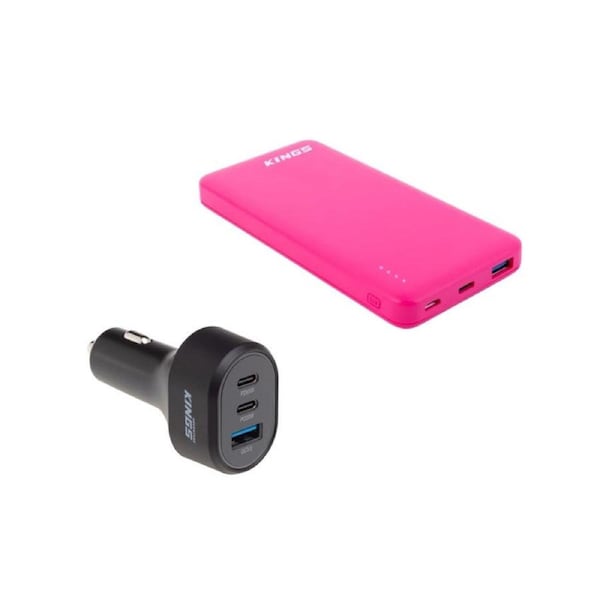Kings 10,000mAh Pink Lithium Portable Power Bank + 85W USB Car Charger -12V &24V