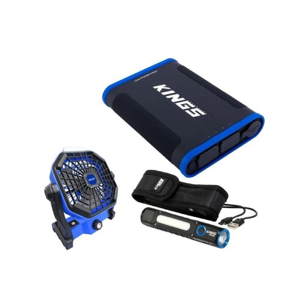Kings 12AH Lithium Portable Power Pack + Lithium Rechargeable Torch + 2in1 Lithium Rechargeable LED Light/Fan