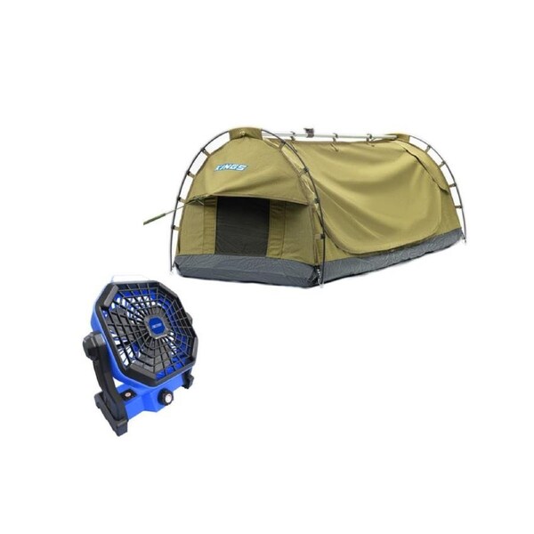 Kings Deluxe Single Swag + 2in1 Lithium Rechargeable LED Light & Fan